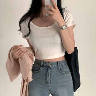 Short-Sleeve Plain Cropped T-Shirt