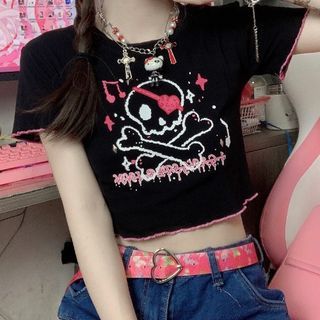 Contrast Crew Trim Tee Skull Crop Neck Print Short-Sleeve
