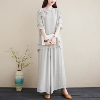 Set: 3/4-Sleeve Plain Frog Buttoned Cheongsam Top + High Rise Plain Wide Leg Pants