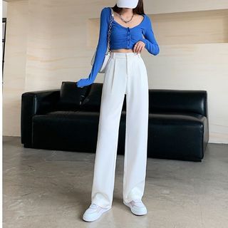 High Waist Plain Wide Leg Slacks