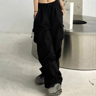 High Waist Plain Drawstring Cargo Baggy Pants