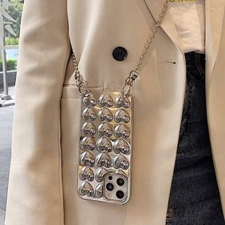 Metallic Heart Phone Case With Strap For iPhone 11, 11 Pro, 11 Pro Max, 12/12 Pro, 12 Pro Max, 13, 13 Pro, 13 Pro Max, 14, 14 Plus, 14 Pro, 14 Pro Max