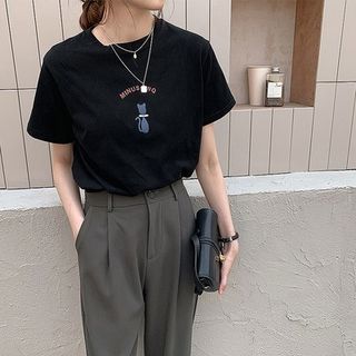 T-Shirt Print Short-Sleeve Neck Cat Crew