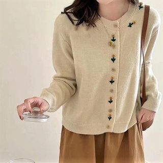 Plain Floral Neck Crew Cardigan