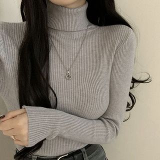 Long-Sleeve Turtleneck Plain Ribbed Knit Top