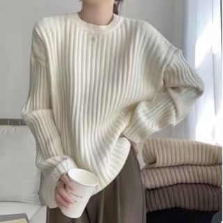 Crew Neck Plain Ribbed Sweater