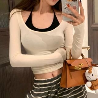 Mock Two-Piece Long-Sleeve Two Tone Crop Top