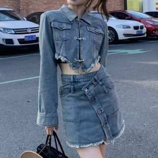 Collar Asymmetrical Fringed Denim Crop Jacket / High Waist Button Front Mini Pencil Skirt / Set