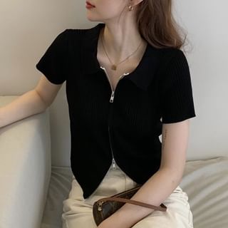 Knit Plain Short-Sleeve Zip Top Polo