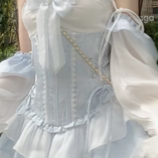 Tone Dress A-Line Trim Two Patterned Lace-Up Off-Shoulder Mini Belt / Puff-Sleeve Corset Lace