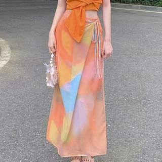 Halter Neck Plain Tie Waist Open Back Crop Top / High Waist Tie Dye Tie Side Maxi Straight Skirt / Set