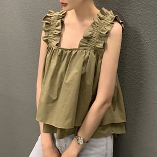 Sleeveless Square Neck Ruffle Plain Flowy Top