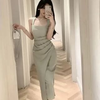 Ruched Sheath Sleeveless Square Plain Neck Midi Dress