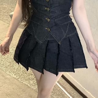 Denim Mini Pleated Trim Lace A-Line Top Mid Halter Button-Up Skirt Rise Low /