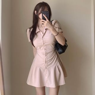 Short-Sleeve Collared Plain Mini Shirt Dress