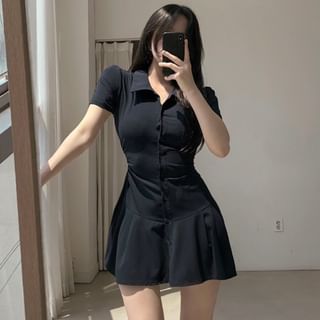 Short-Sleeve Collared Plain Mini Shirt Dress