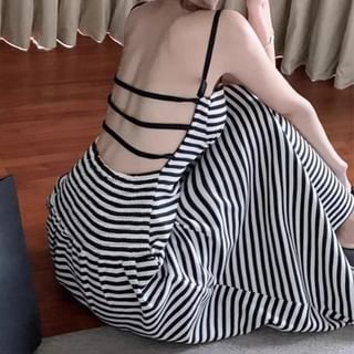 Spaghetti Strap Striped Open Back Midi A