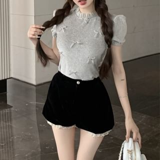 / Crew Shorts Neck Sleeve Velvet Plain High Short Waist Frill Bow Top Panel