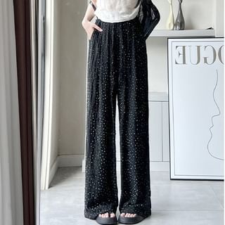 Rhinestone Applique High Waist Torn Wide Leg Drawstring Pants