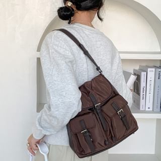 Buckled Plain Nylon Tote Flap Bag