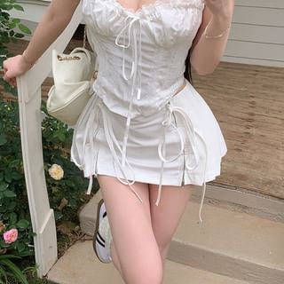 A-Line Mini Skirt Top / Panel Front Cami Plain Tie High Ruched Pleated Rise