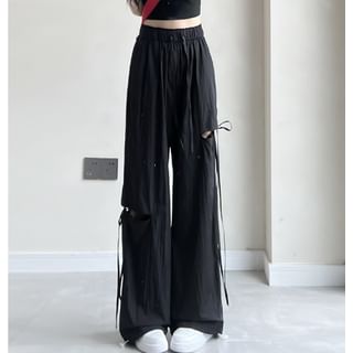 Bow Accent Cutout High Rise Drawstring Wide Leg Sweatpants