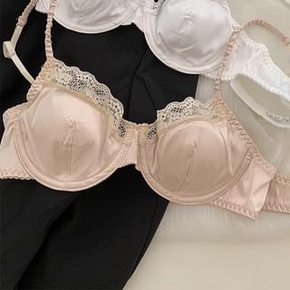 Plain Lace Trim Satin Bra / Panty / Set