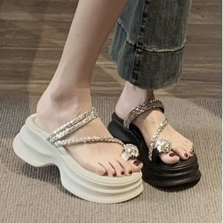 Rhinestone Toe Loop Platform Slide Sandals