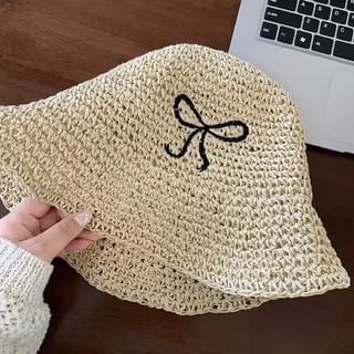 Knit Hat Embroidered Bow Bucket