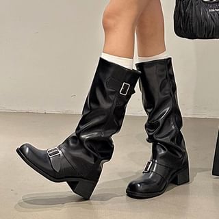 Boots Heel Tall Faux Plain Buckled Chunky Leather