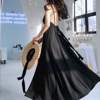 Spaghetti Open Maxi Strap Plain Sundress Back