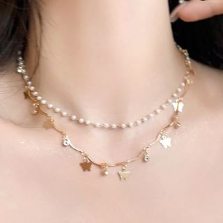 Butterfly Layered Faux Pearl Alloy Choker