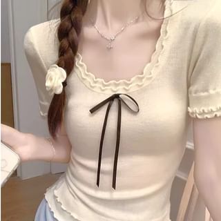 Short-Sleeve Scoop Neck Plain Bow Tee