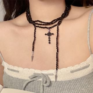 Layered Beaded Necklace Cross