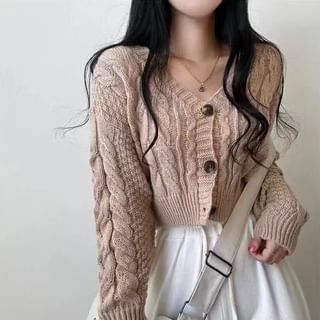 Cropped Cable-Knit V-Neck Cardigan