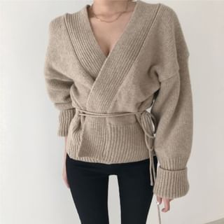 Wrapped V-Neck Knit Cardigan with Sash