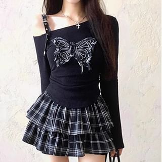 Cold-Shoulder Long-Sleeve Butterfly Print T-Shirt / High Waist Plaid Mini A-Line Layered Skirt / Set