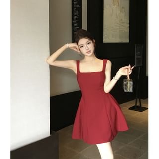 Sleeveless Square Neck Plain A-Line Mini Dress