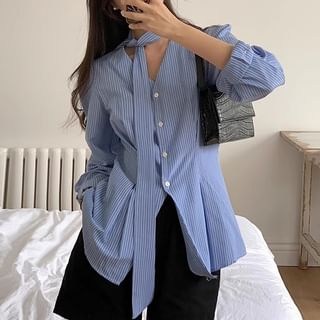 Long Sleeve V-Neck Striped Tie Front Blouse