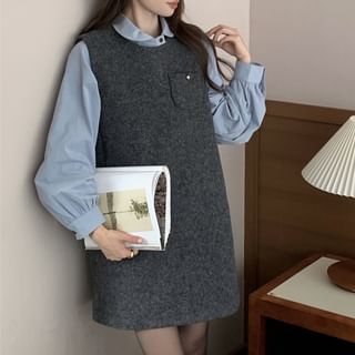 Puff-Sleeve Plain Shirt / Crew Neck Mini Jumper Dress