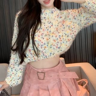 / High Dotted Rise Pleated Washed Sweater Mock Cropped Neck Mini Skirt A-Line