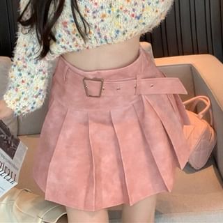 / High Dotted Rise Pleated Washed Sweater Mock Cropped Neck Mini Skirt A-Line