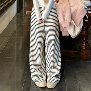 Plain Fleece-Lined Zip Hoodie / Long Sleeve Halter Plain Mock Two Piece T-Shirt / Drawstring Waist Striped Wide Leg Pants