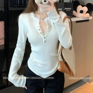 Long-Sleeve Crew Neck Plain Lace Trim Half-Buttoned Slim Fit Crop Knit Top