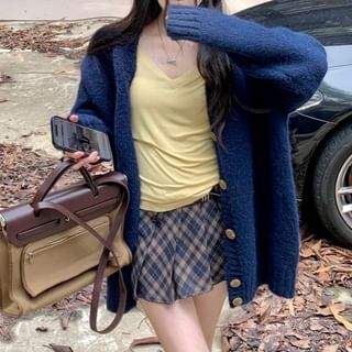 Sleeve Plaid Skirt Tee Mini / Mid Plain Cardigan Waist V-Neck Pleated Long