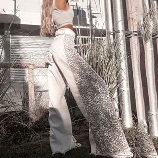 High Waist Animal Print Paneled Loose-Fit Wide-Leg Pants