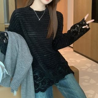 Long-Sleeve Round Neck Plain Lace Panel T-Shirt