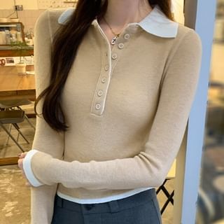 Long-Sleeve Collared Mock Two-Piece Two Tone Half-Buttoned Knit Top