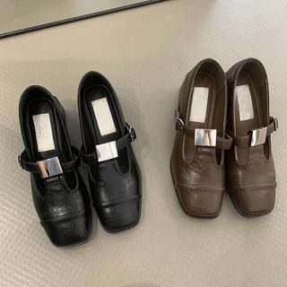 Heel Mary Plain Faux Leather Square Pumps T-Strap Chunky Jane Toe