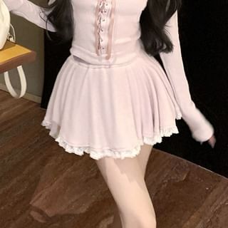 Neck Plain Scoop Mini Rise Top Hooded Trim Skirt Long-Sleeve A-Line Lace Mid /